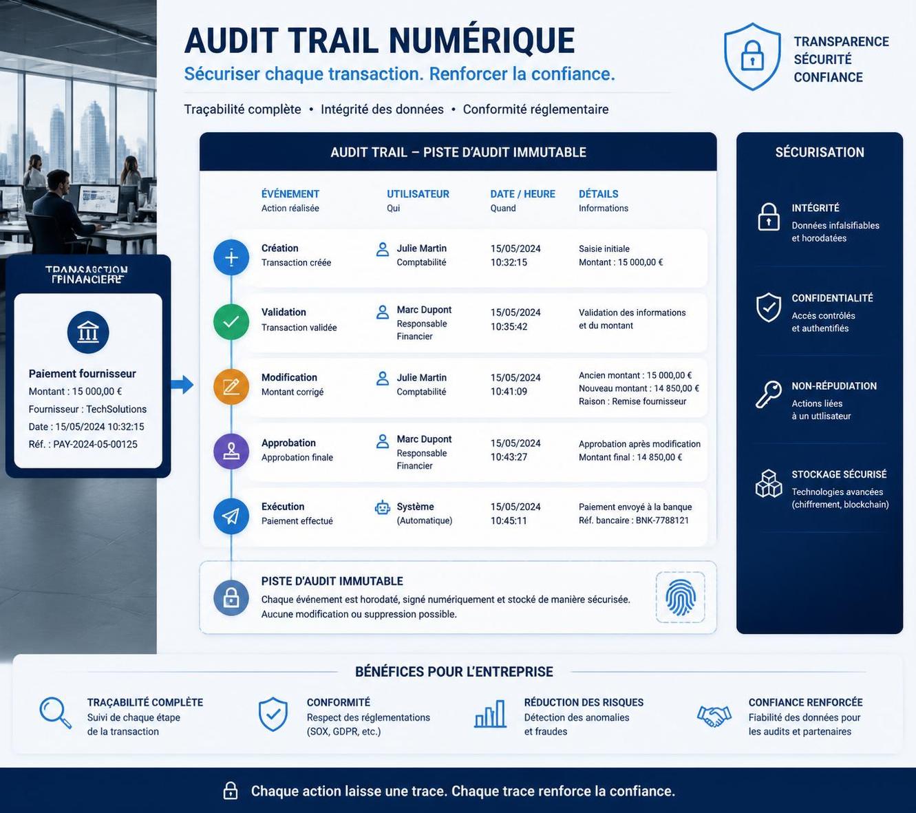 découvrez pourquoi l'audit trail est essentiel pour garantir la traçabilité et la sécurité de vos transactions financières, en protégeant contre les fraudes et en assurant la conformité réglementaire.